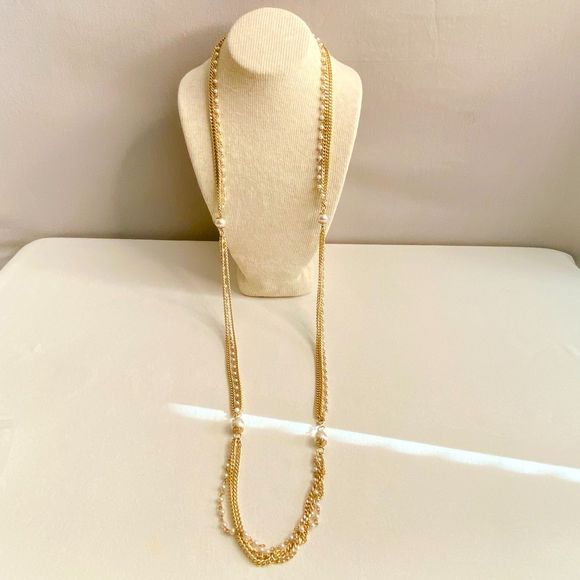 Sarah Coventry Opera Station Necklace layered Gold Tone Chains Faux Pearl Accent - Picture 1 of 11